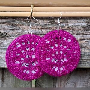Knit Earrings Purple Hand Dyed Yarn Floral Black White Cotton